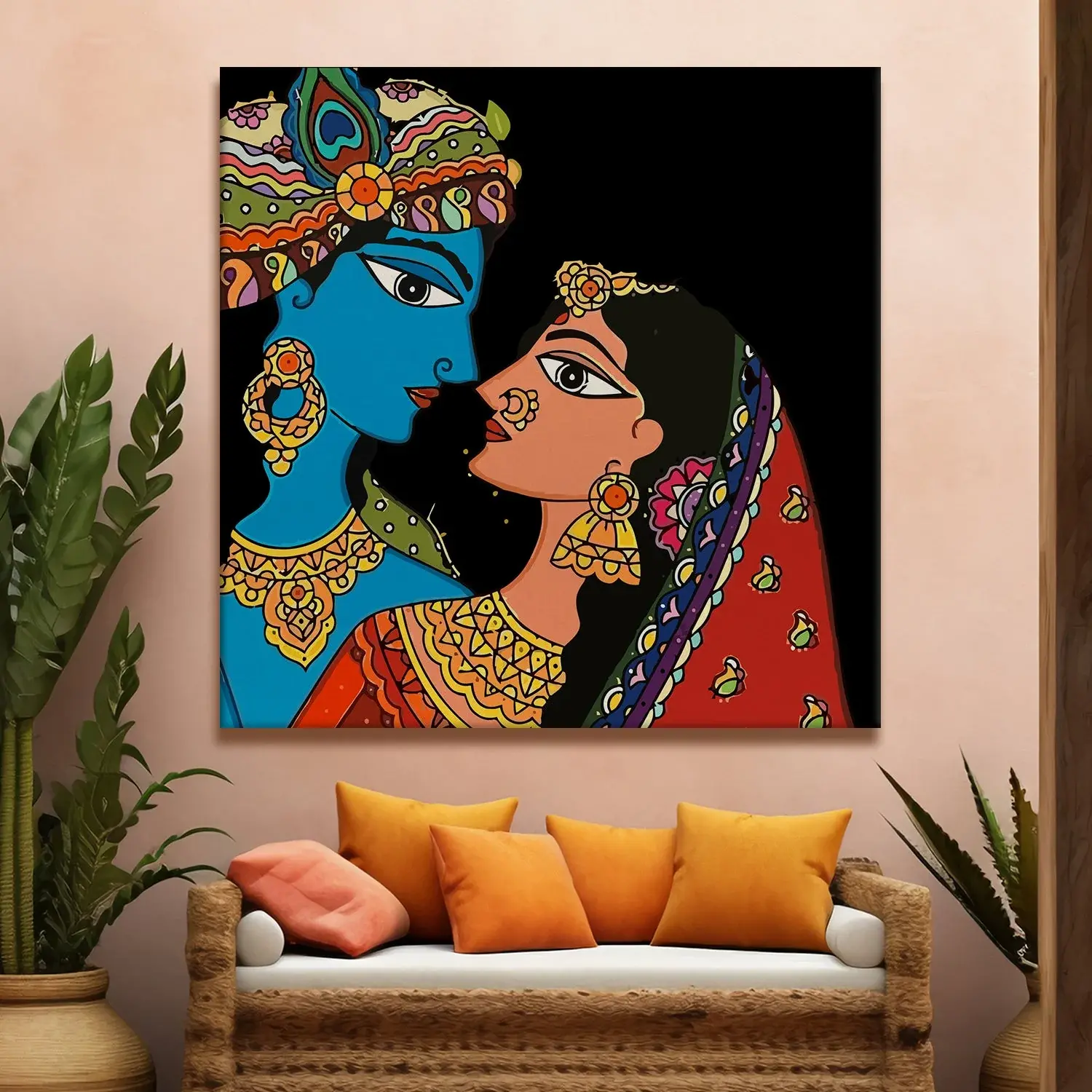 Radha Krishna Ethnic Madhubani Wall Art Canvas Base
