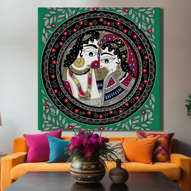 Colourful Traditional Radha Krishna Madhubani Wall Art Canvas Base