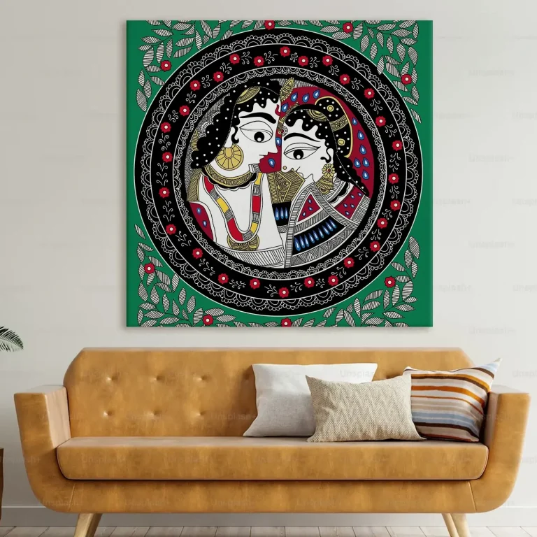 Colourful Traditional Radha Krishna Madhubani Wall Art Canvas Base