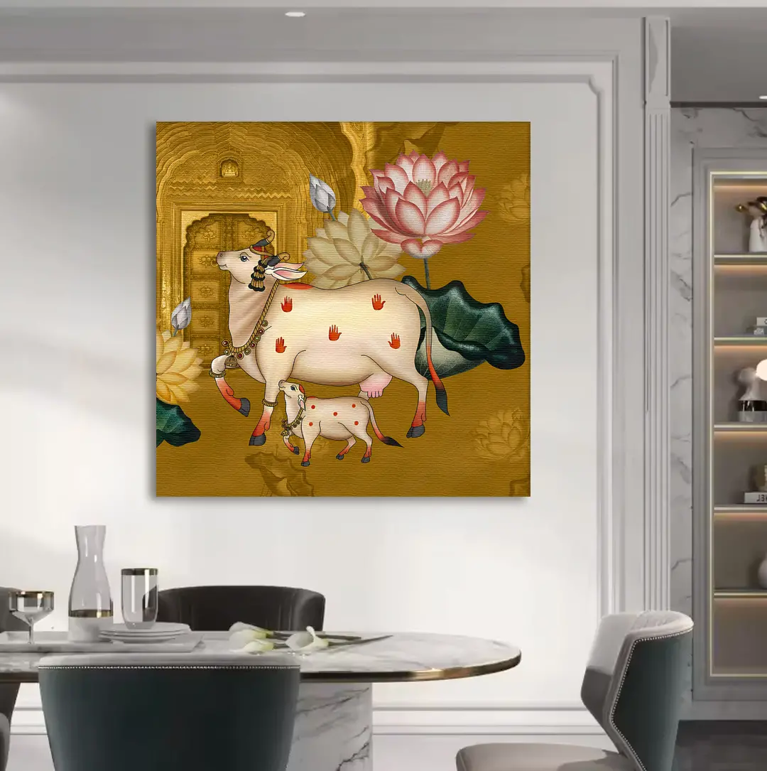 Auspicious Pichwai Cow & Lotus Wall Art Canvas Base