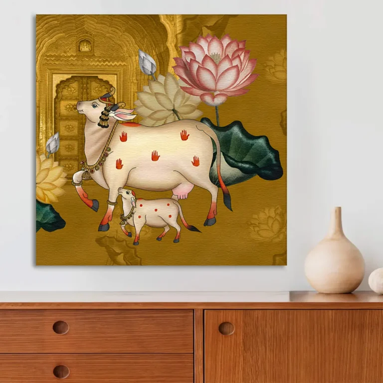 Auspicious Pichwai Cow & Lotus Wall Art Canvas Base