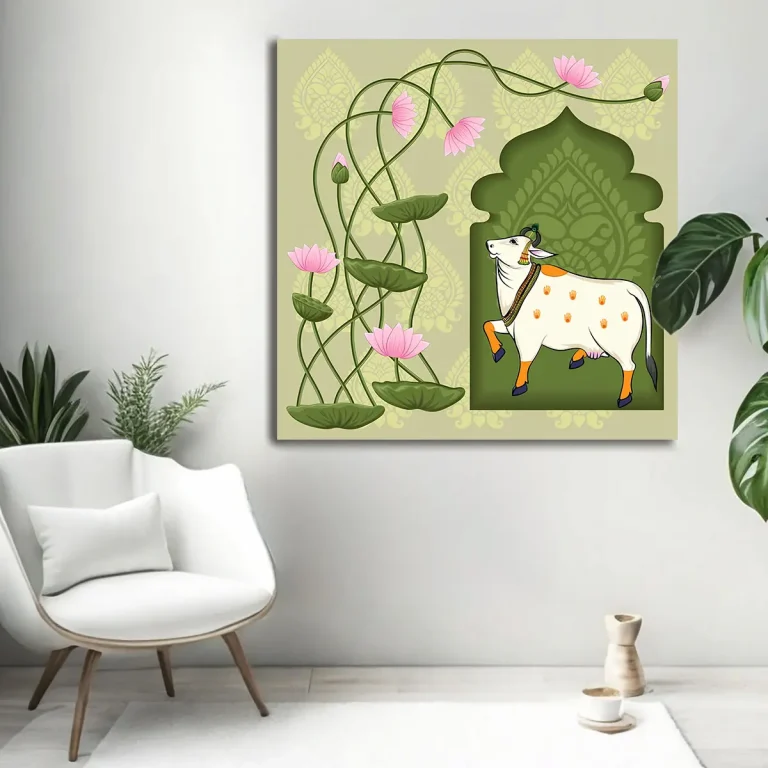 Lotus Plant with Cow Pichwai Wall Art Canvas Base
