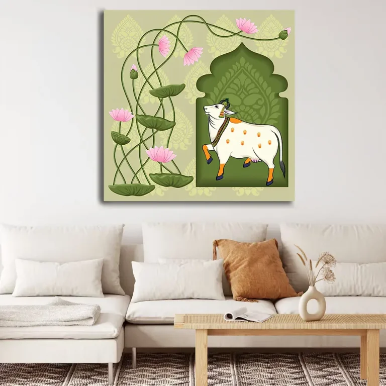 Lotus Plant with Cow Pichwai Wall Art Canvas Base