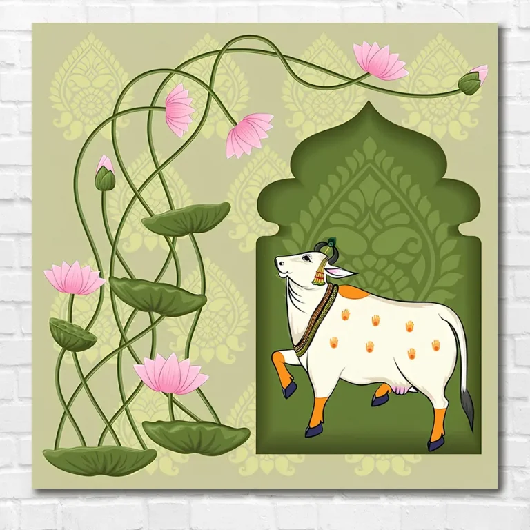 Lotus Plant with Cow Pichwai Wall Art Canvas Base