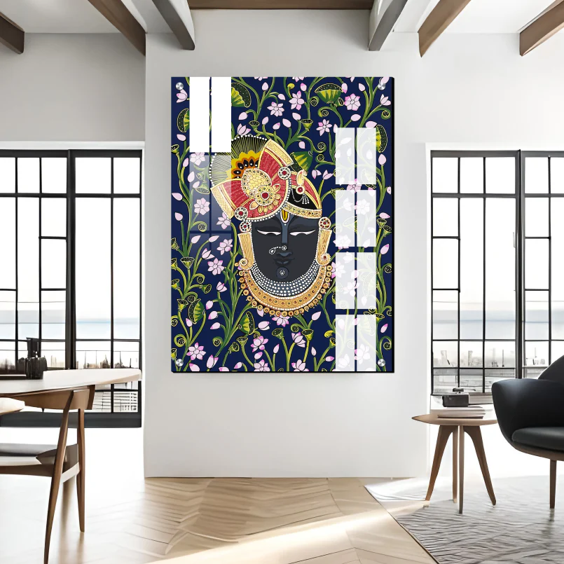 Shrinath Ji Pichwai Print Wall Art Blue Wood or Acrylic Base