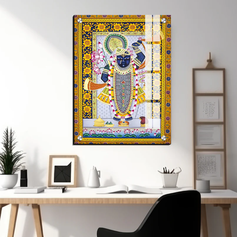 Shrinath Ji Pichwai Print Wall Art Gold Wood or Acrylic Base