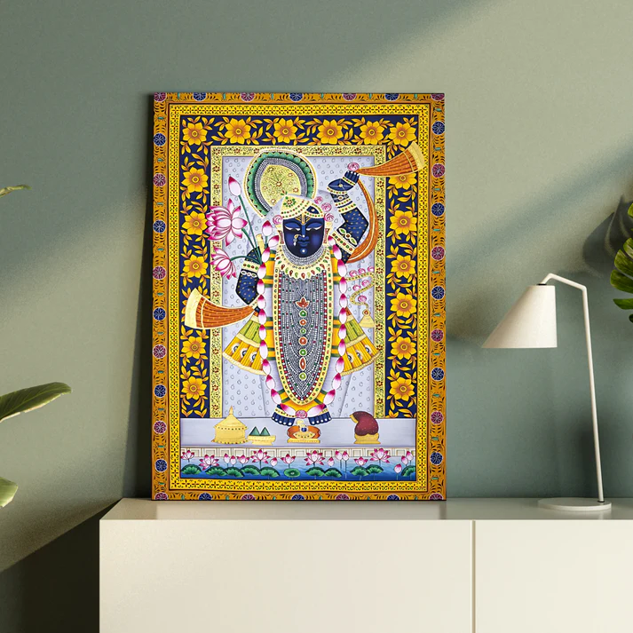 Shrinath Ji Pichwai Print Wall Art Gold Wood or Acrylic Base