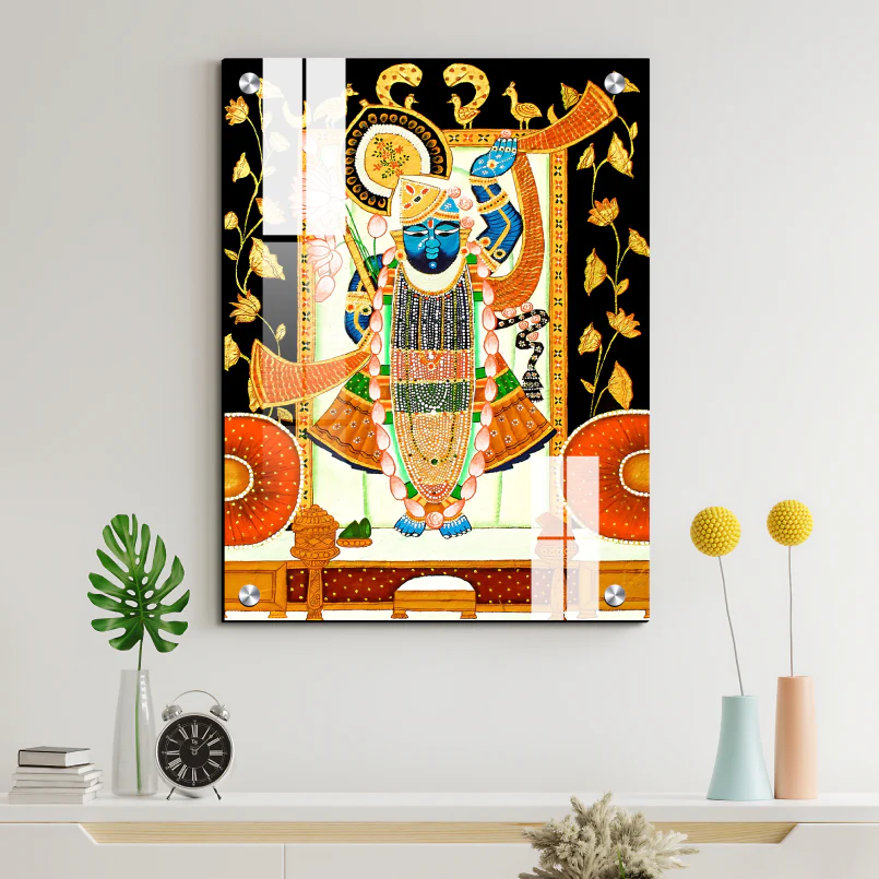 Shrinath Ji Pichwai Print Wall Art Black and Gold Wood or Acrylic Base
