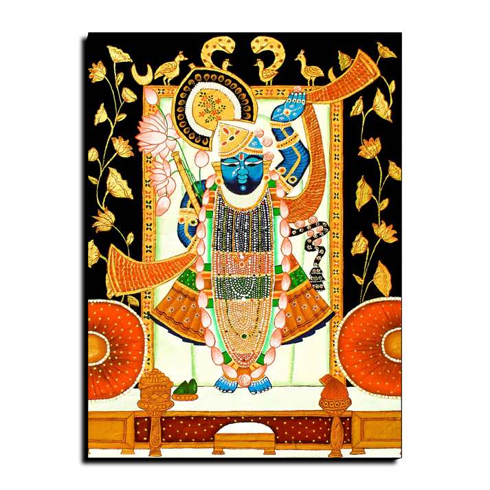 Shrinath Ji Pichwai Print Wall Art Black and Gold Wood or Acrylic Base