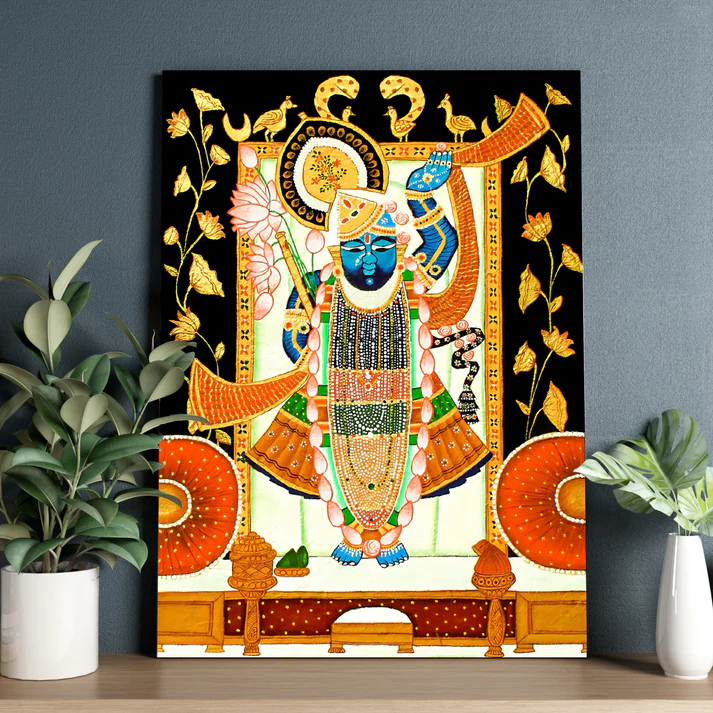 Shrinath Ji Pichwai Print Wall Art Black and Gold Wood or Acrylic Base