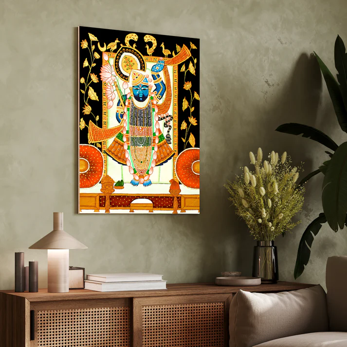 Shrinath Ji Pichwai Print Wall Art Black and Gold Wood or Acrylic Base