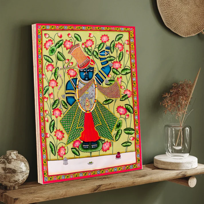Shrinath Ji Pichwai Print Wall Art Green Wood or Acrylic Base