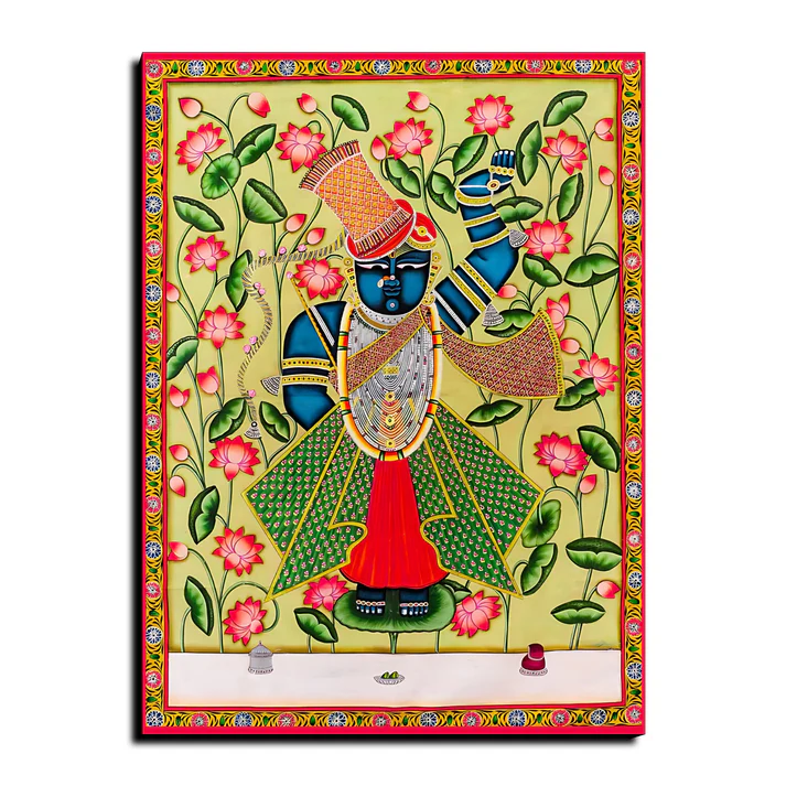 Shrinath Ji Pichwai Print Wall Art Green Wood or Acrylic Base