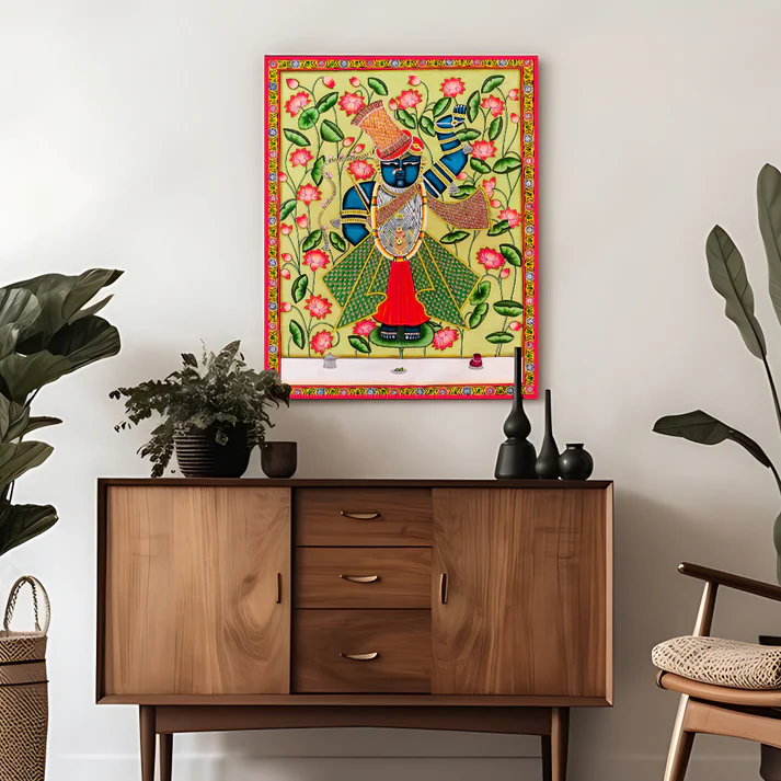 Shrinath Ji Pichwai Print Wall Art Green Wood or Acrylic Base