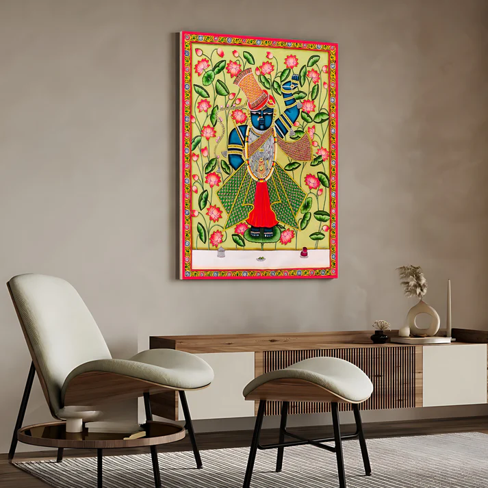 Shrinath Ji Pichwai Print Wall Art Green Wood or Acrylic Base