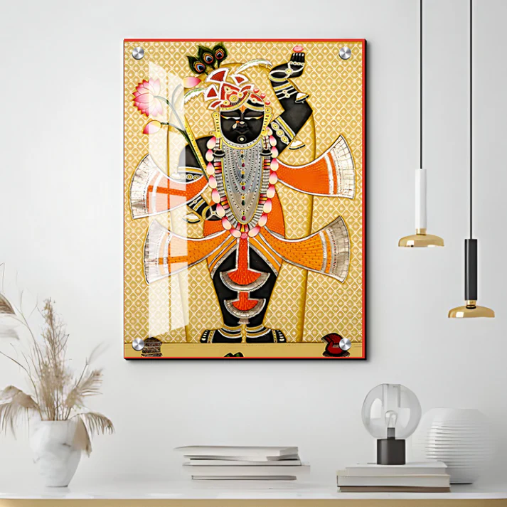 Shrinath Ji Pichwai Print Wall Art Orange Wood or Acrylic Base