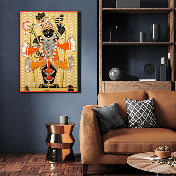 Shrinath Ji Pichwai Print Wall Art Orange Wood or Acrylic Base
