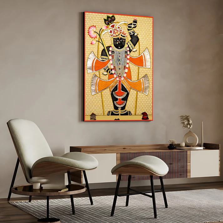 Shrinath Ji Pichwai Print Wall Art Orange Wood or Acrylic Base