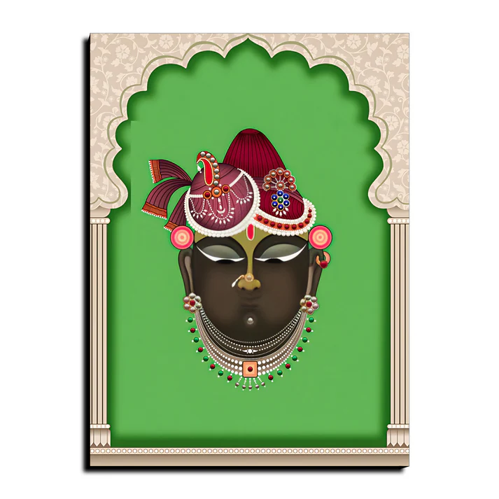 Shrinath Ji Mukharvind Pichwai Print Wall Art Green Wood or Acrylic Base