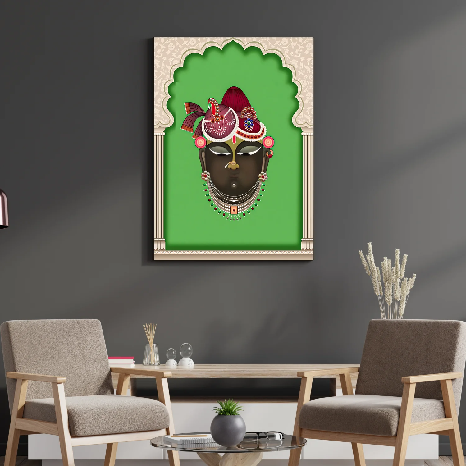 Shrinath Ji Mukharvind Pichwai Print Wall Art Green Wood or Acrylic Base