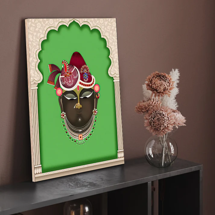 Shrinath Ji Mukharvind Pichwai Print Wall Art Green Wood or Acrylic Base