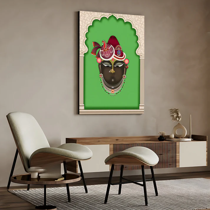 Shrinath Ji Mukharvind Pichwai Print Wall Art Green Wood or Acrylic Base
