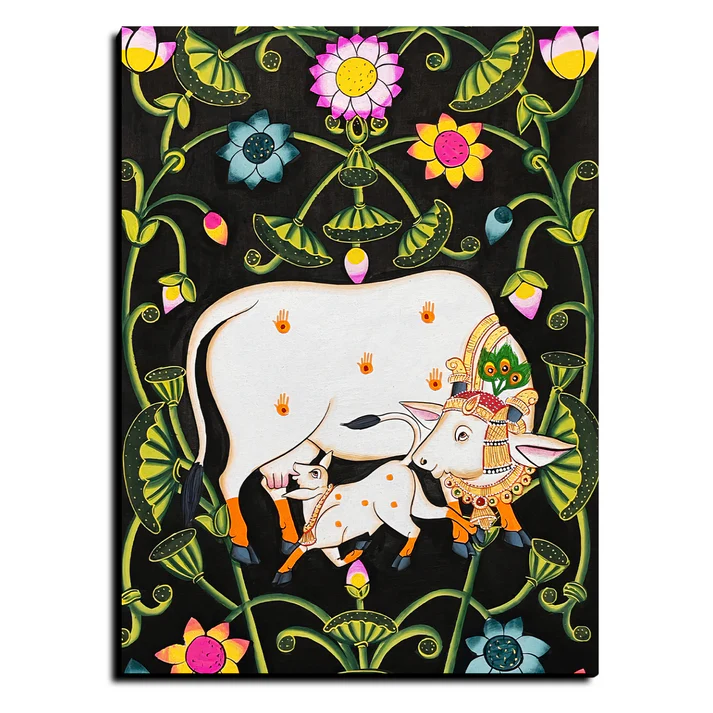 Cow and Calf Sacred Pichwai Print Wall Art Wood or Acrylic Base