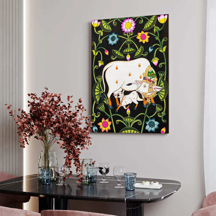 Cow and Calf Sacred Pichwai Print Wall Art Wood or Acrylic Base