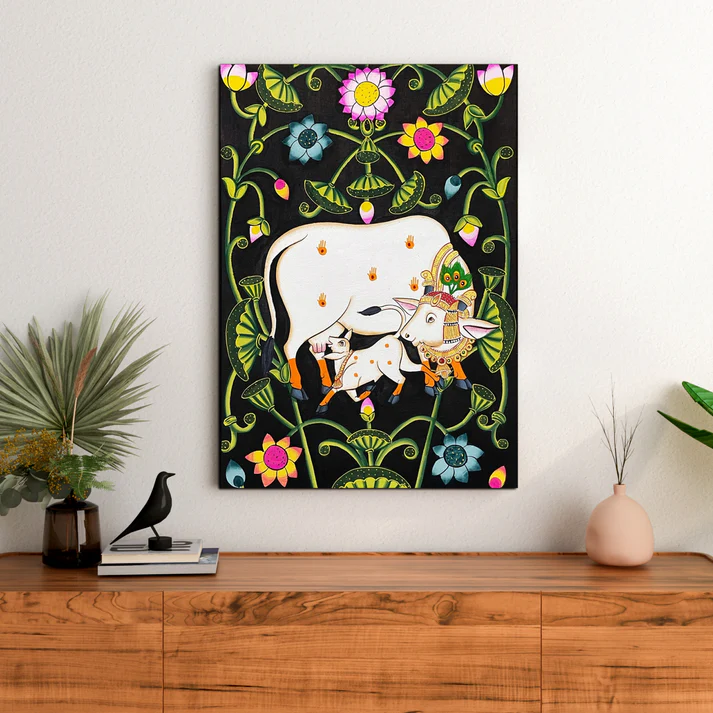 Cow and Calf Sacred Pichwai Print Wall Art Wood or Acrylic Base