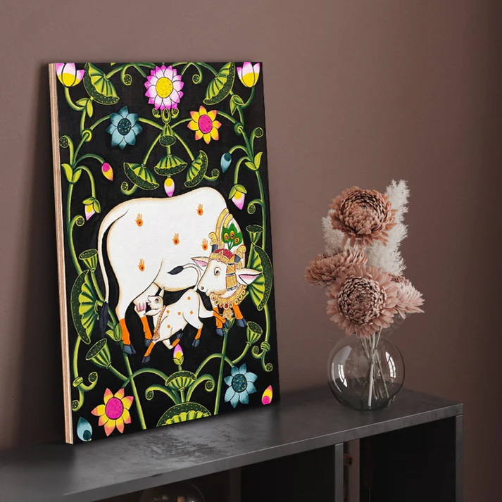 Cow and Calf Sacred Pichwai Print Wall Art Wood or Acrylic Base