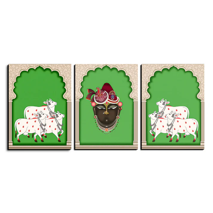 Set of 3 Shrinath Ji and Cow Pichwai Print Wall Art Wood or Acrylic Base