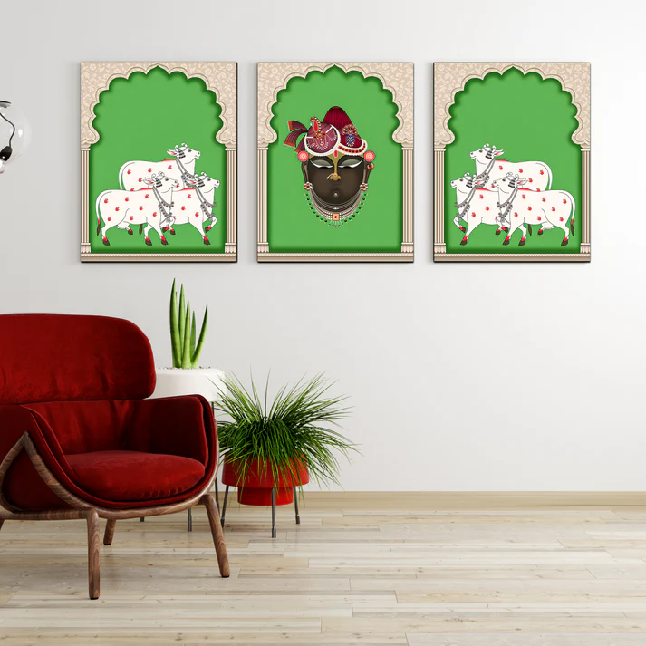Set of 3 Shrinath Ji and Cow Pichwai Print Wall Art Wood or Acrylic Base