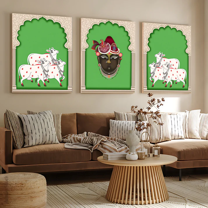 Set of 3 Shrinath Ji and Cow Pichwai Print Wall Art Wood or Acrylic Base