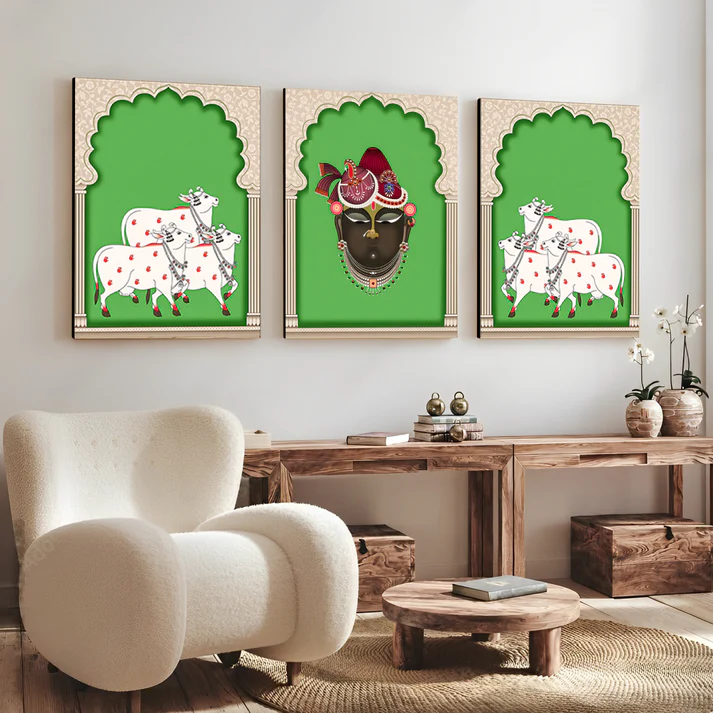 Set of 3 Shrinath Ji and Cow Pichwai Print Wall Art Wood or Acrylic Base