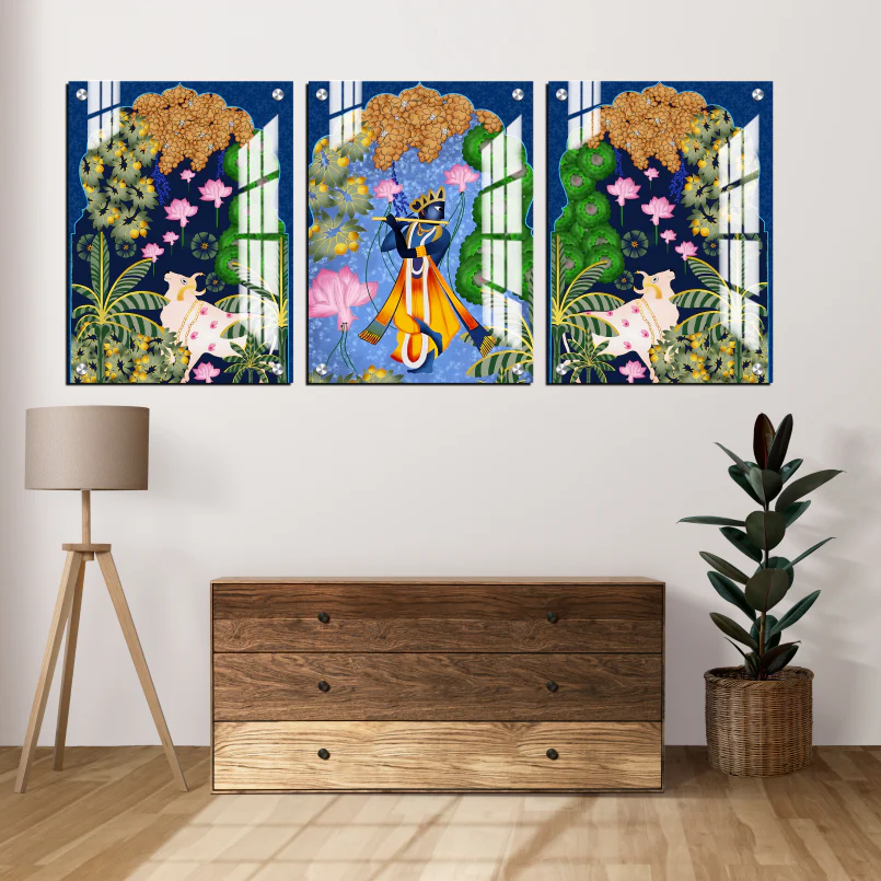 Set of 3 Krishna Ji Pichwai Print Wall Art Wood or Acrylic Base