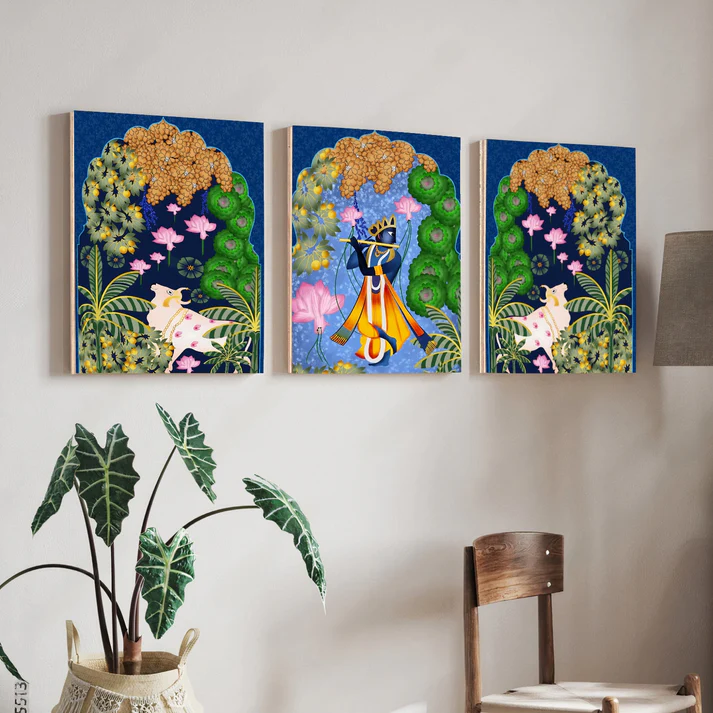Set of 3 Krishna Ji Pichwai Print Wall Art Wood or Acrylic Base