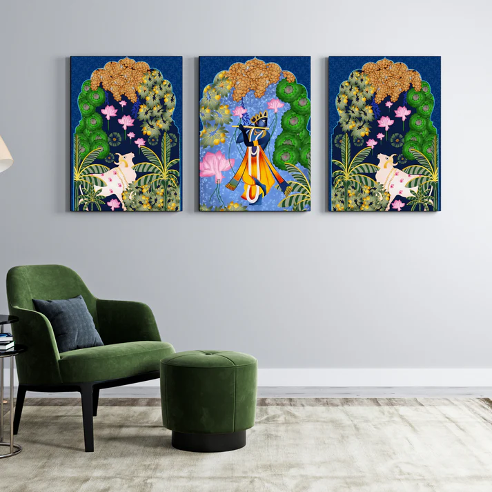 Set of 3 Krishna Ji Pichwai Print Wall Art Wood or Acrylic Base