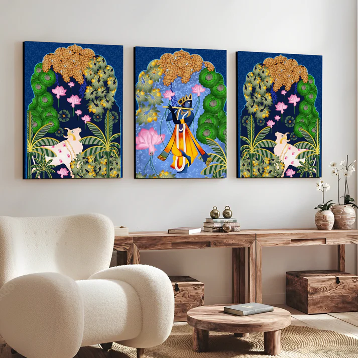 Set of 3 Krishna Ji Pichwai Print Wall Art Wood or Acrylic Base