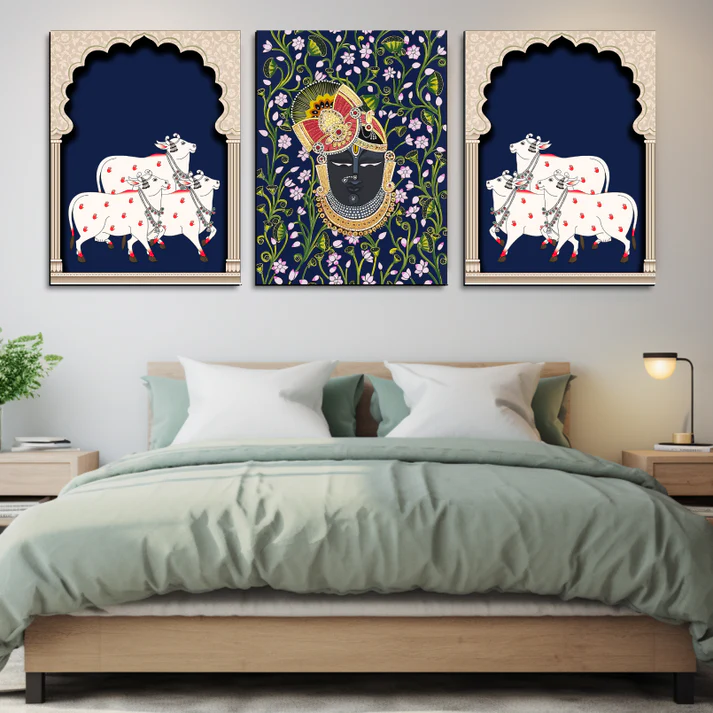 Set of 3 Shrinath Ji Pichwai Print Wall Art Blue Wood or Acrylic Base