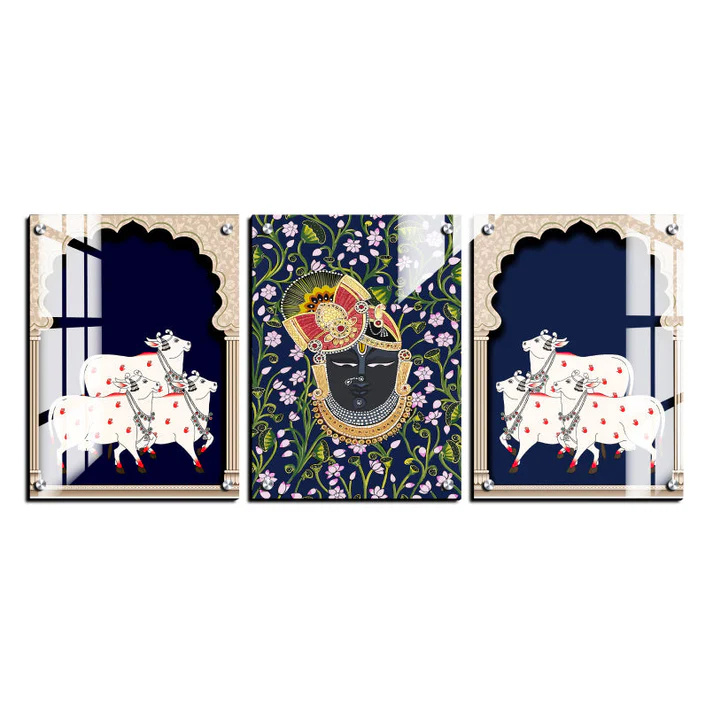 Set of 3 Shrinath Ji Pichwai Print Wall Art Blue Wood or Acrylic Base