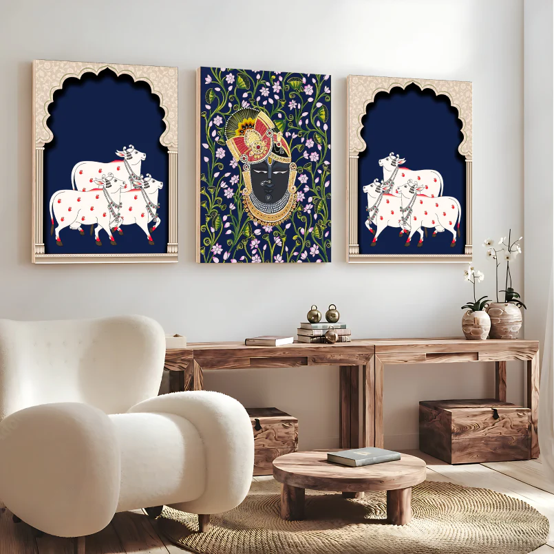Set of 3 Shrinath Ji Pichwai Print Wall Art Blue Wood or Acrylic Base