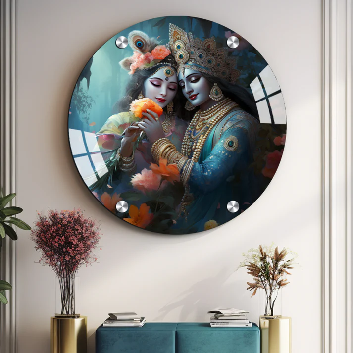 Radha Krishna Round Print Wall Art Wood or Acrylic Base