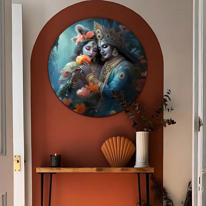 Radha Krishna Round Print Wall Art Wood or Acrylic Base