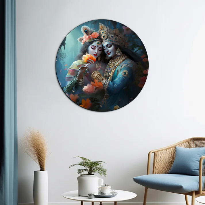 Radha Krishna Round Print Wall Art Wood or Acrylic Base