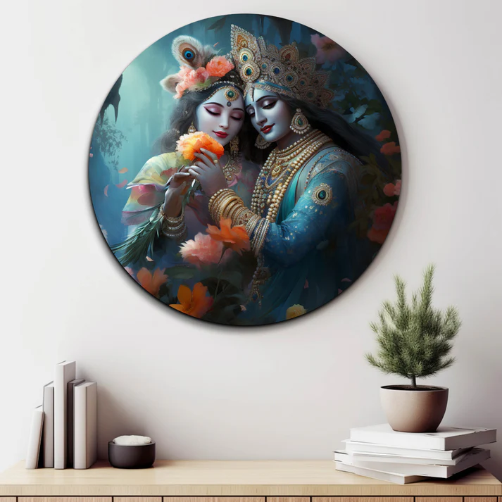 Radha Krishna Round Print Wall Art Wood or Acrylic Base