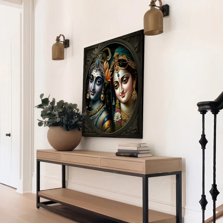 Radha Krishna Metal Design Square Print Wall Art Wood or Acrylic Base