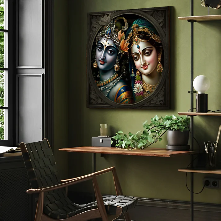 Radha Krishna Metal Design Square Print Wall Art Wood or Acrylic Base