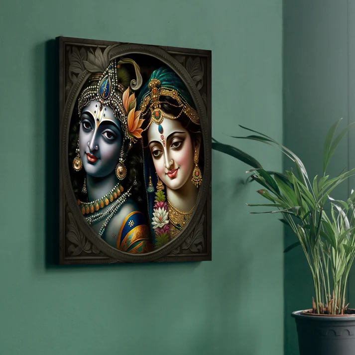 Radha Krishna Metal Design Square Print Wall Art Wood or Acrylic Base