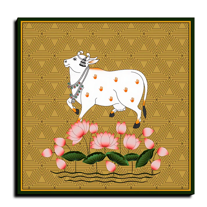 Sacred Cow Pichwai Print Wall Art Gold Color Square Shape Wood or Acrylic Base