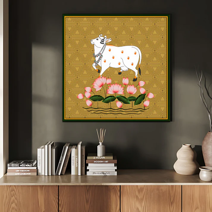 Sacred Cow Pichwai Print Wall Art Gold Color Square Shape Wood or Acrylic Base